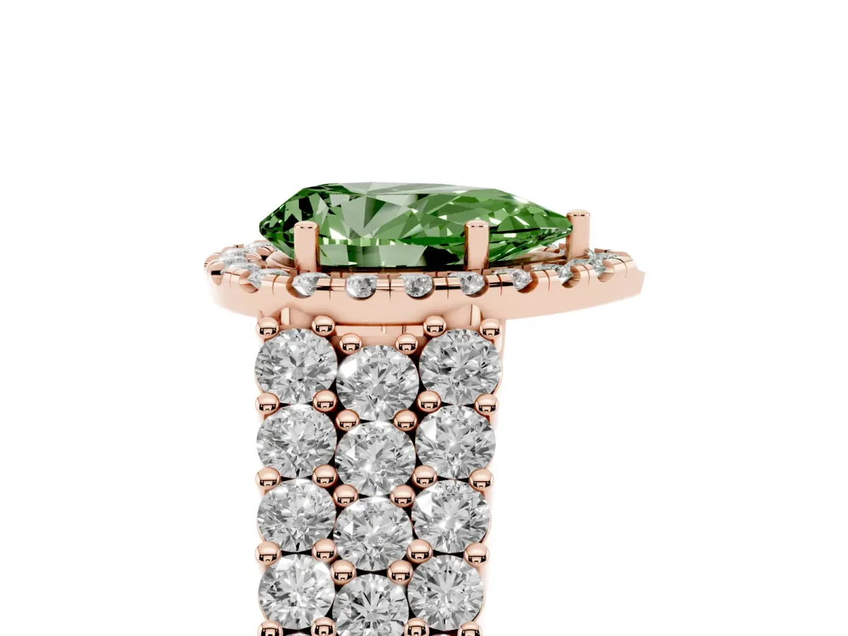 Fancy Green Pear Cut Diamond Halo Engagement Ring with Triple Row Round Pavé Band and Prong Setting Rose gold