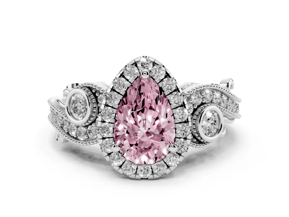Fancy Pink Pear Cut Diamond Halo Ring with Milgrain Pavé Band and Four-Prong Setting Silver