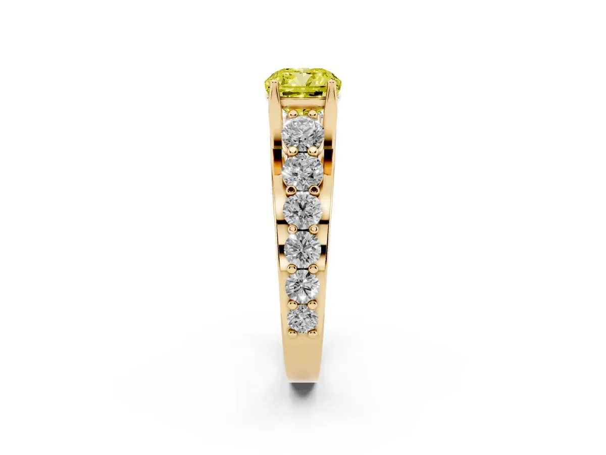 Fancy Yellow Cushion Cut Diamond Engagement Ring with Pavé Band and Four-Prong Setting Yellow gold