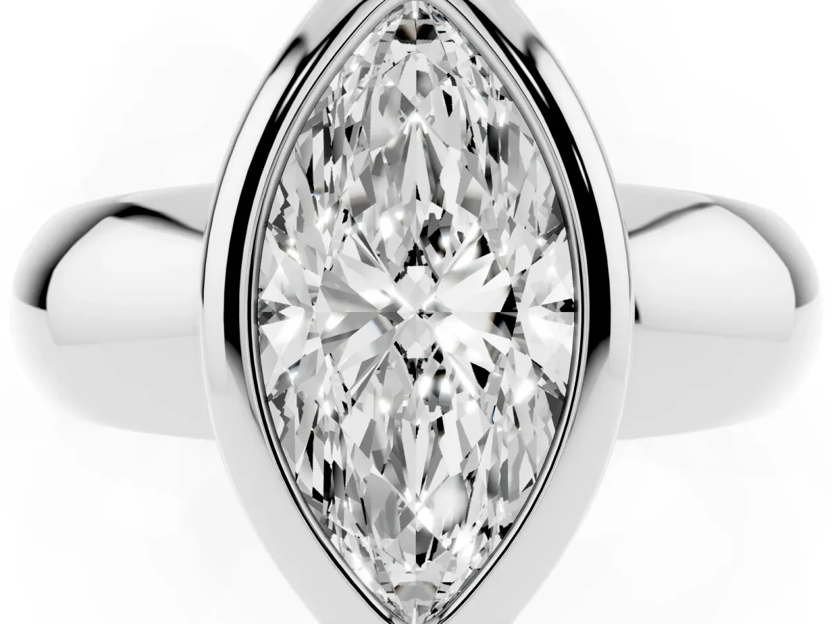 Bezel Set Marquise Cut Solitaire Ring with Wide Band White gold