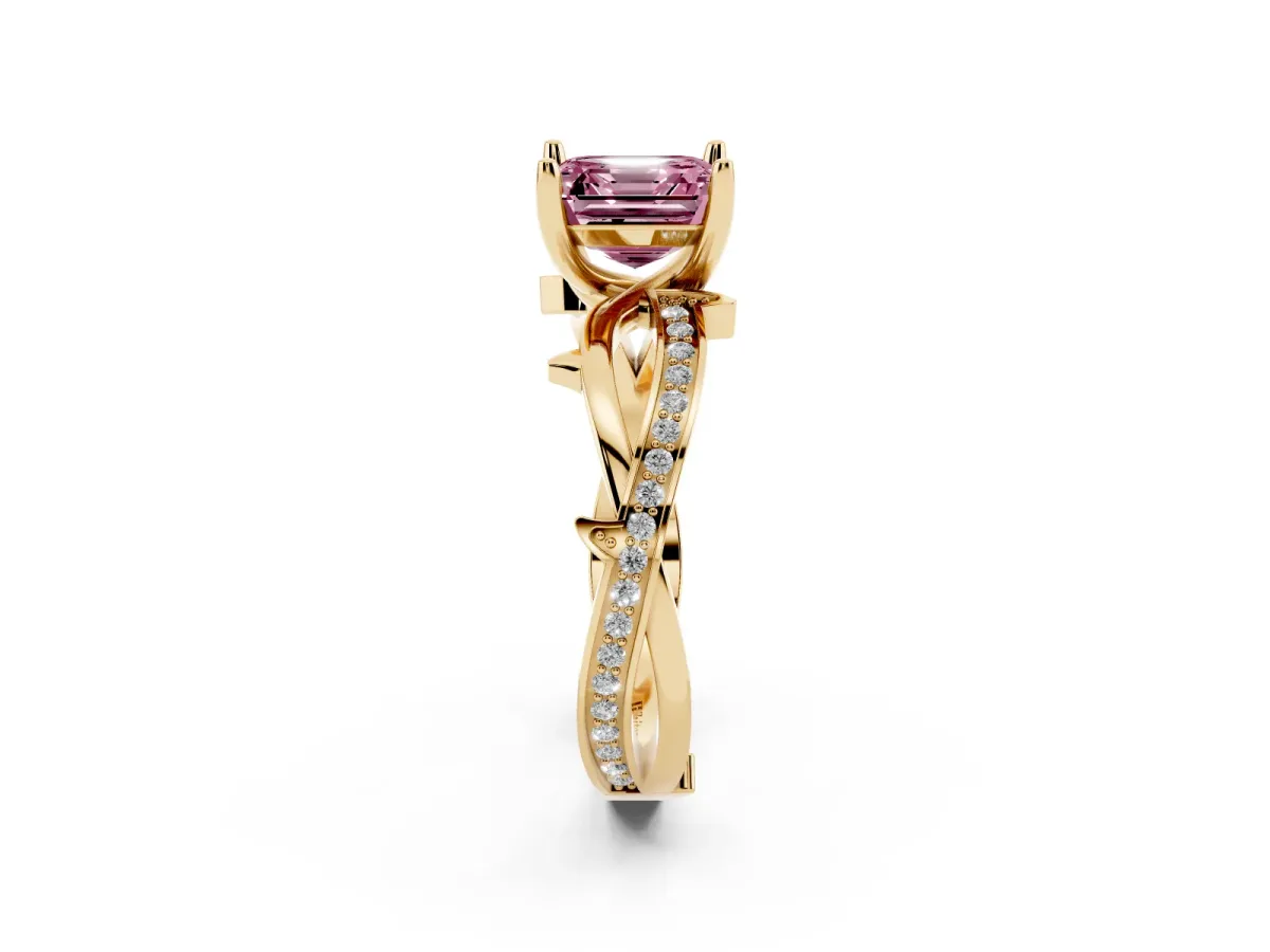 Fancy Pink Asscher Cut Solitaire Twist Band with Pavé Accents and Four-Prong Setting Yellow gold