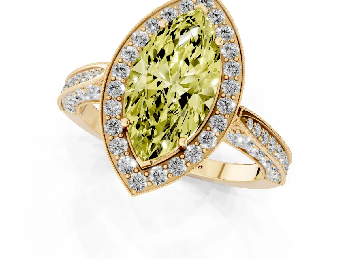 Fancy Yellow Marquise Cut Halo Diamond Engagement Ring with Split Shank Band and Four-Prong Setting Yellow gold
