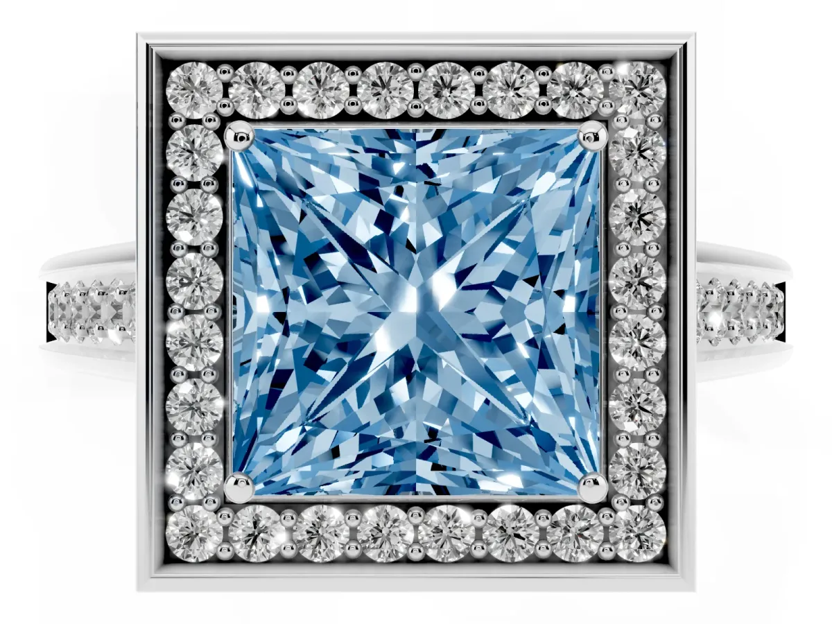 Fancy Blue Princess Cut Halo Solitaire Diamond Ring with Pave Band and Bezel Setting White gold