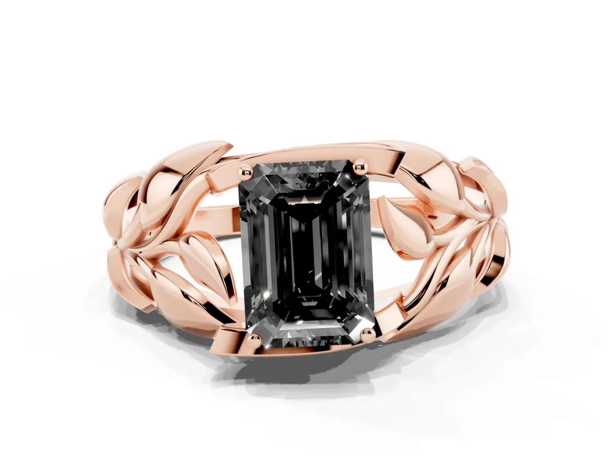Fancy Black Emerald Cut Diamond Leaf-Inspired Engagement Ring with Round Accents and Prong Setting Rose gold
