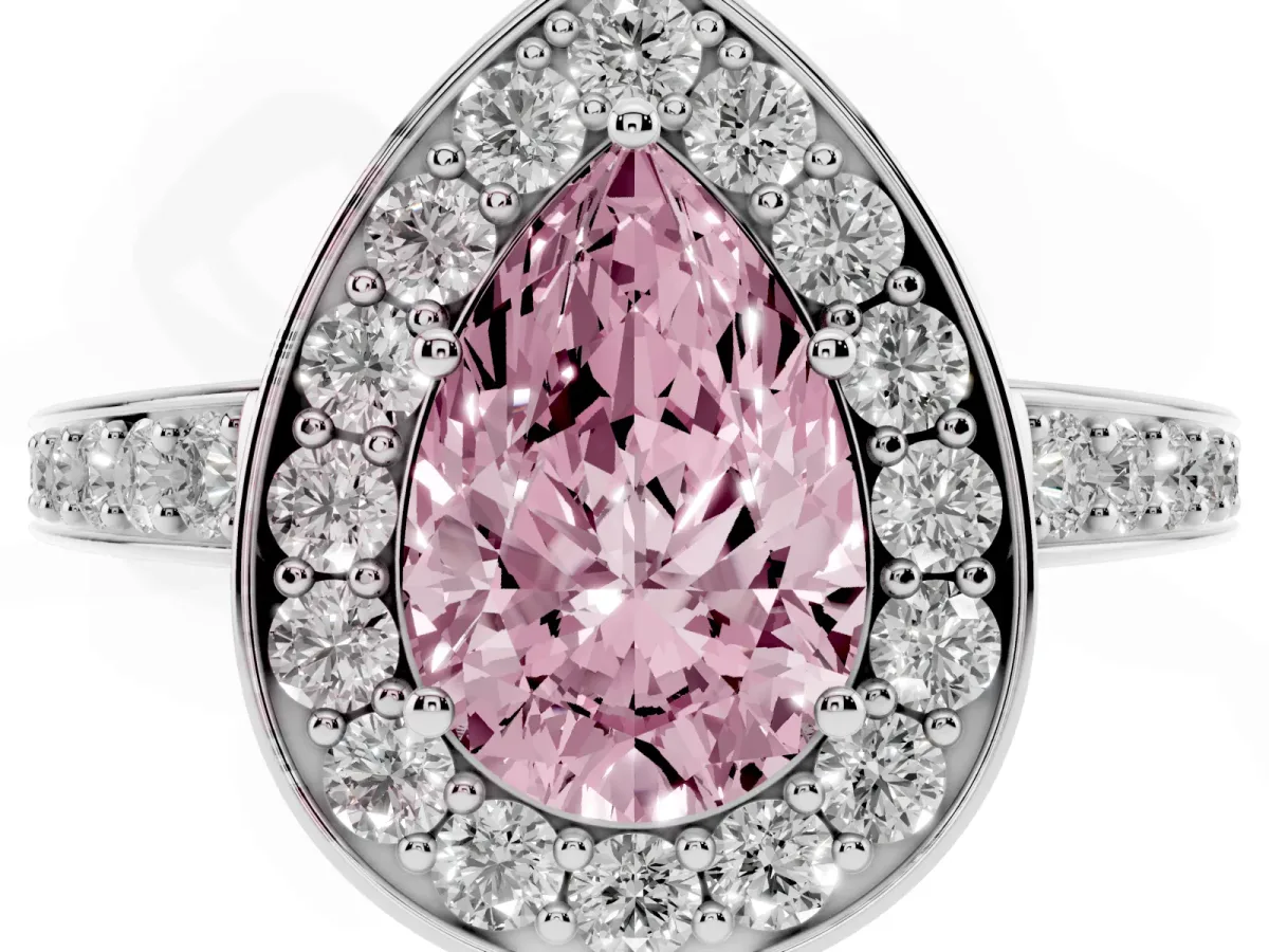 Fancy Pink Pear Cut Halo Pavé Diamond Engagement Ring with Bezel Setting Platinum