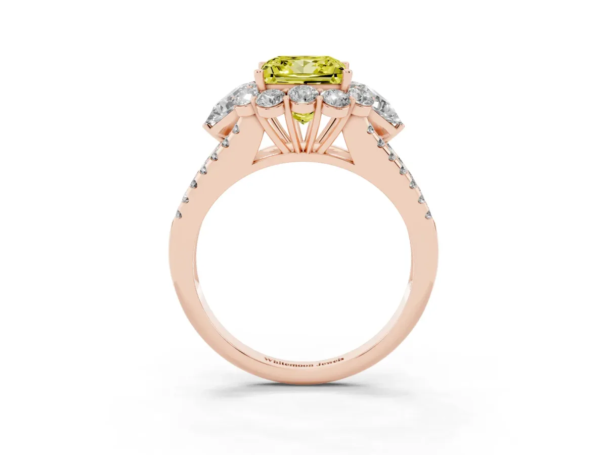 Fancy Yellow Princess Cut Halo Split Shank Diamond Engagement Ring with Prong Setting Rose gold