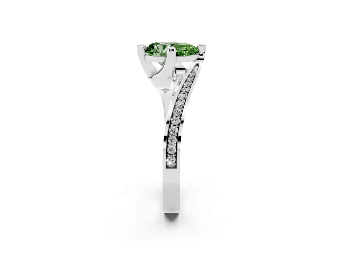 Fancy Green Pear Cut Solitaire Diamond Twist Band with Pavé Setting and Four-Prong Setting Silver