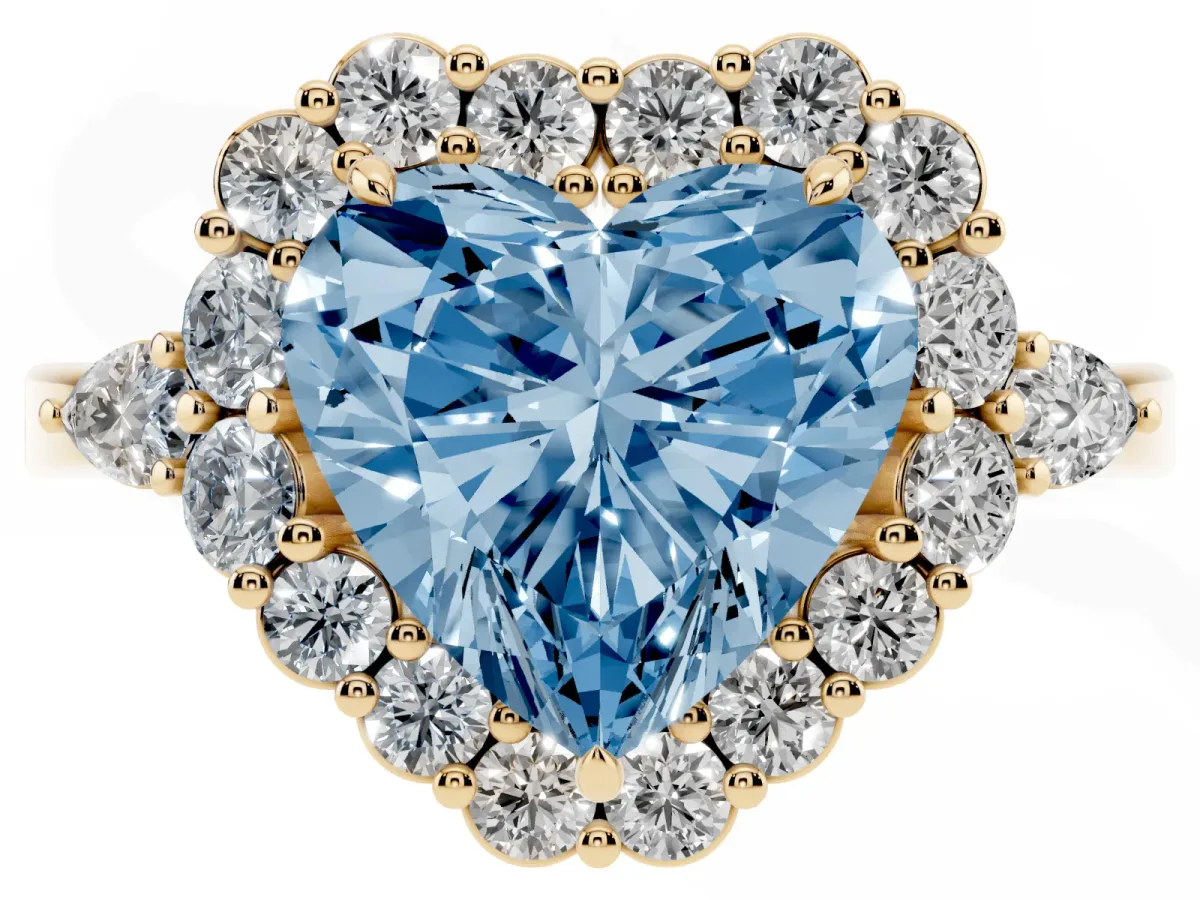 Fancy Blue Heart Cut Diamond Halo Ring with Pear Side Stones and Prong Setting Yellow gold