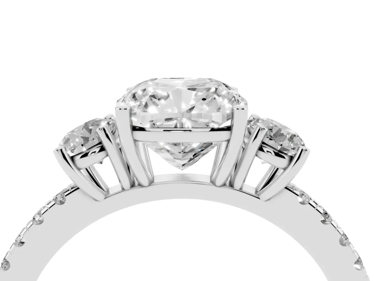 Three-Stone Cushion Cut Cut Diamond Pavé Band with Prong Setting White gold