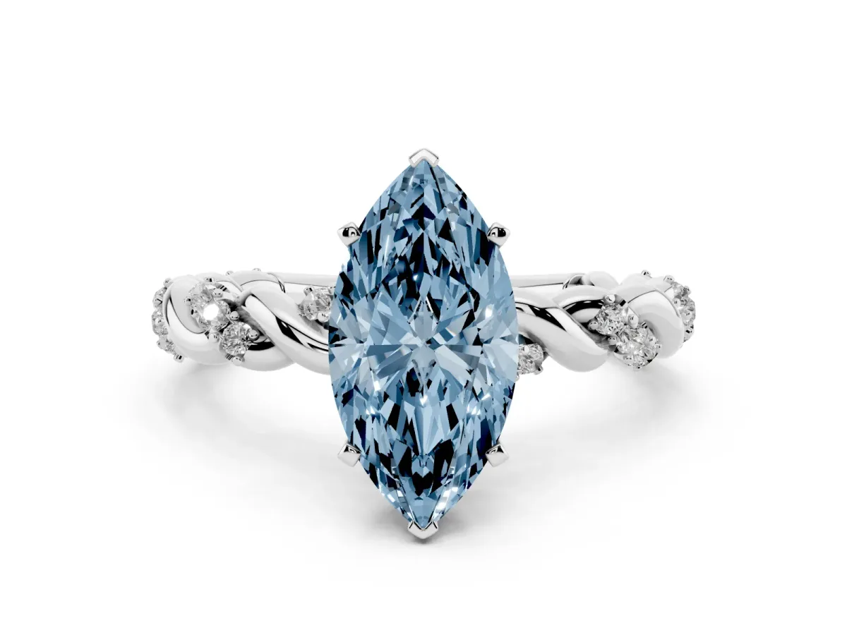 Fancy Blue Marquise Cut Diamond Solitaire Ring with Twisted Band and Pavé Accents Silver
