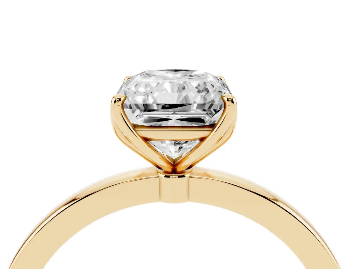 Radiant Cut Diamond Solitaire Ring with Thin Band and Prong Setting Yellow gold