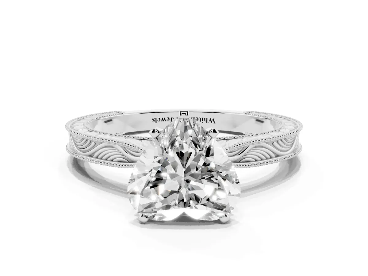 Heart Cut Solitaire Milgrain Engraved Band with Four-Prong Setting Silver