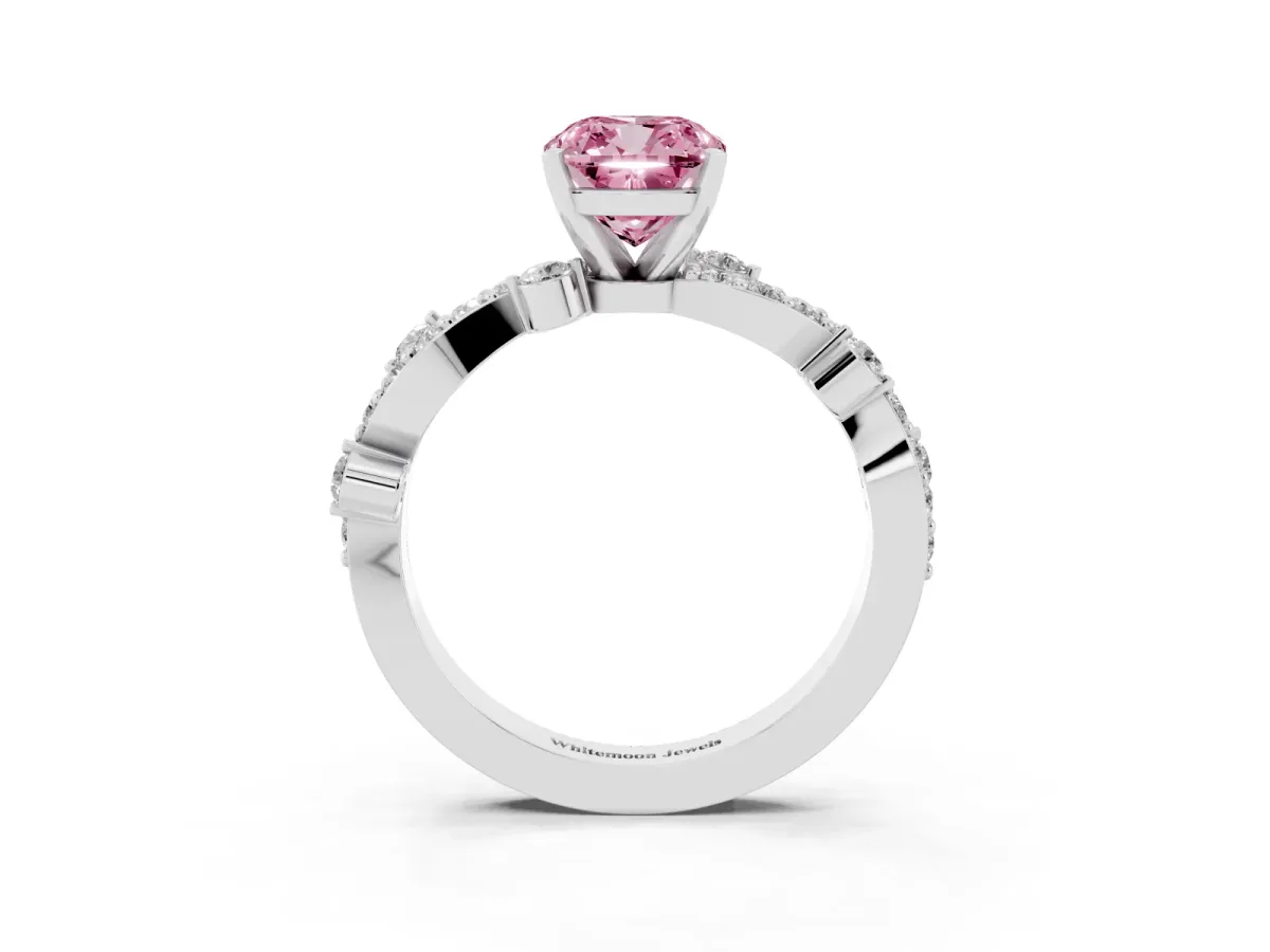Fancy Pink Cushion Cut Cut Solitaire Diamond Twisted Band with Pave Setting Silver