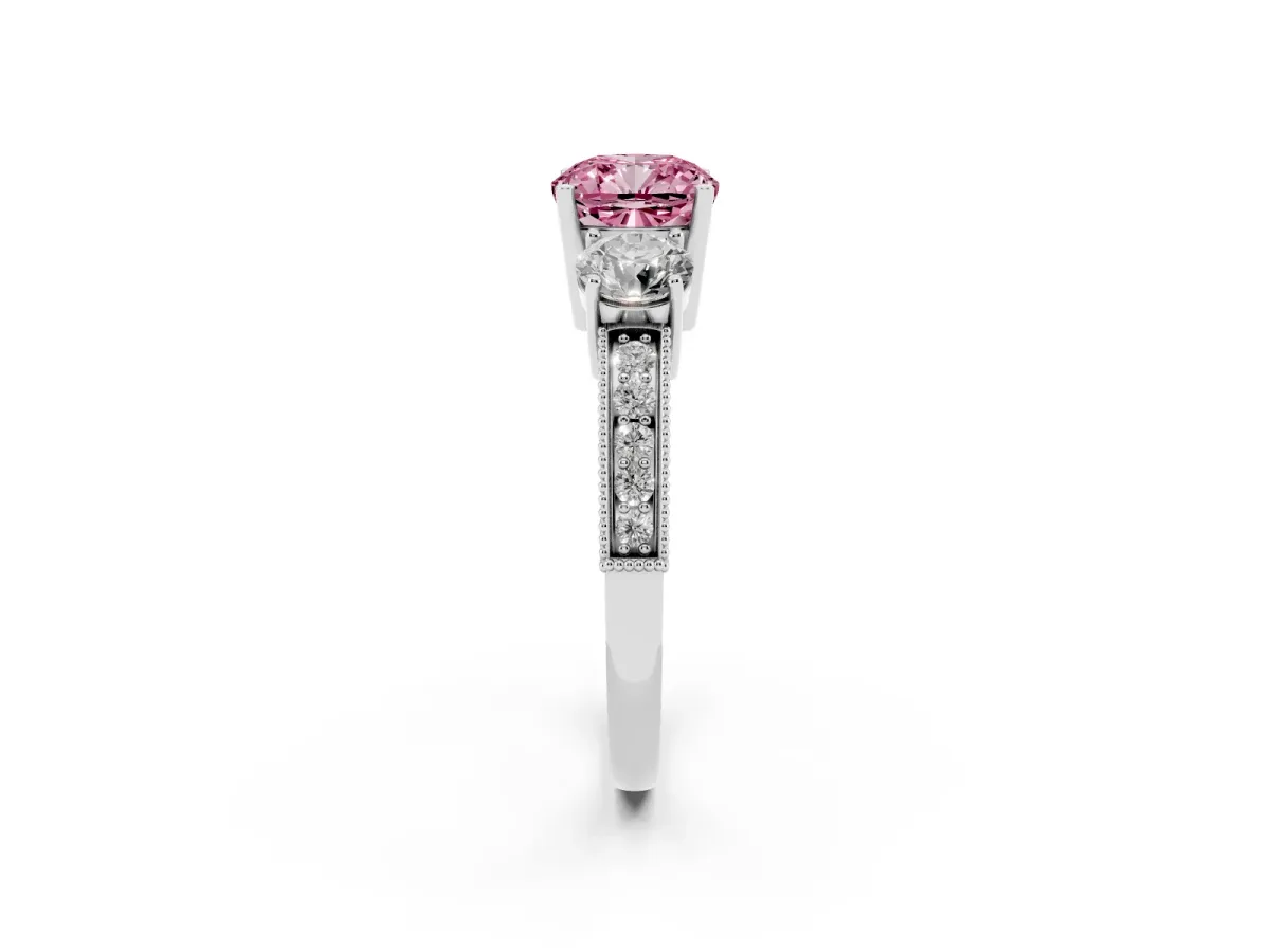 Fancy Pink Cushion Cut Three-Stone Diamond Ring with Pavé Band and Four-Prong Setting Silver