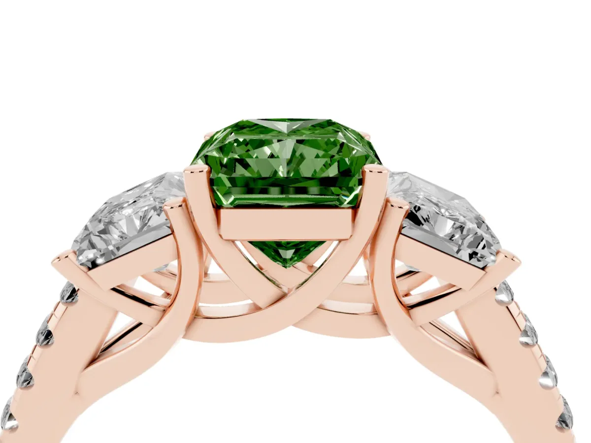 Fancy Green Three-Stone Radiant Cut Diamond Ring with Round Pavé Band and Prong Setting Rose gold