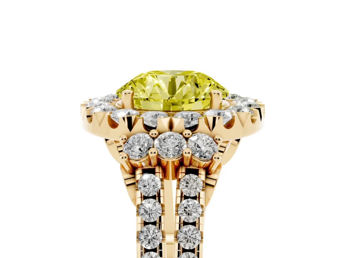 Fancy Yellow Round Cut Cut Double Halo Diamond Engagement Ring with Pave Band and Four-Prong Setting Yellow gold