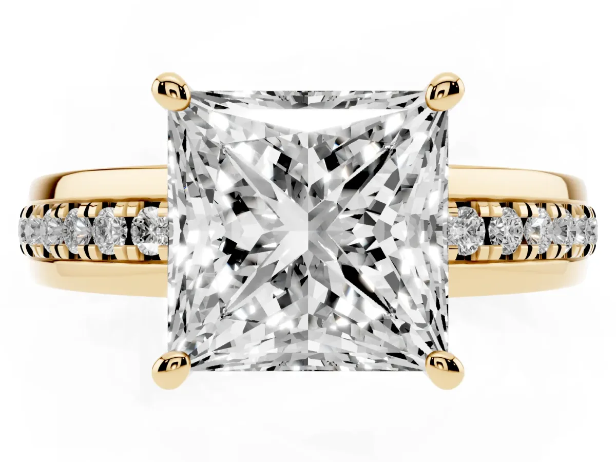 Princess Cut Solitaire Diamond Ring with Channel Set Band and Six-Prong Setting Yellow gold