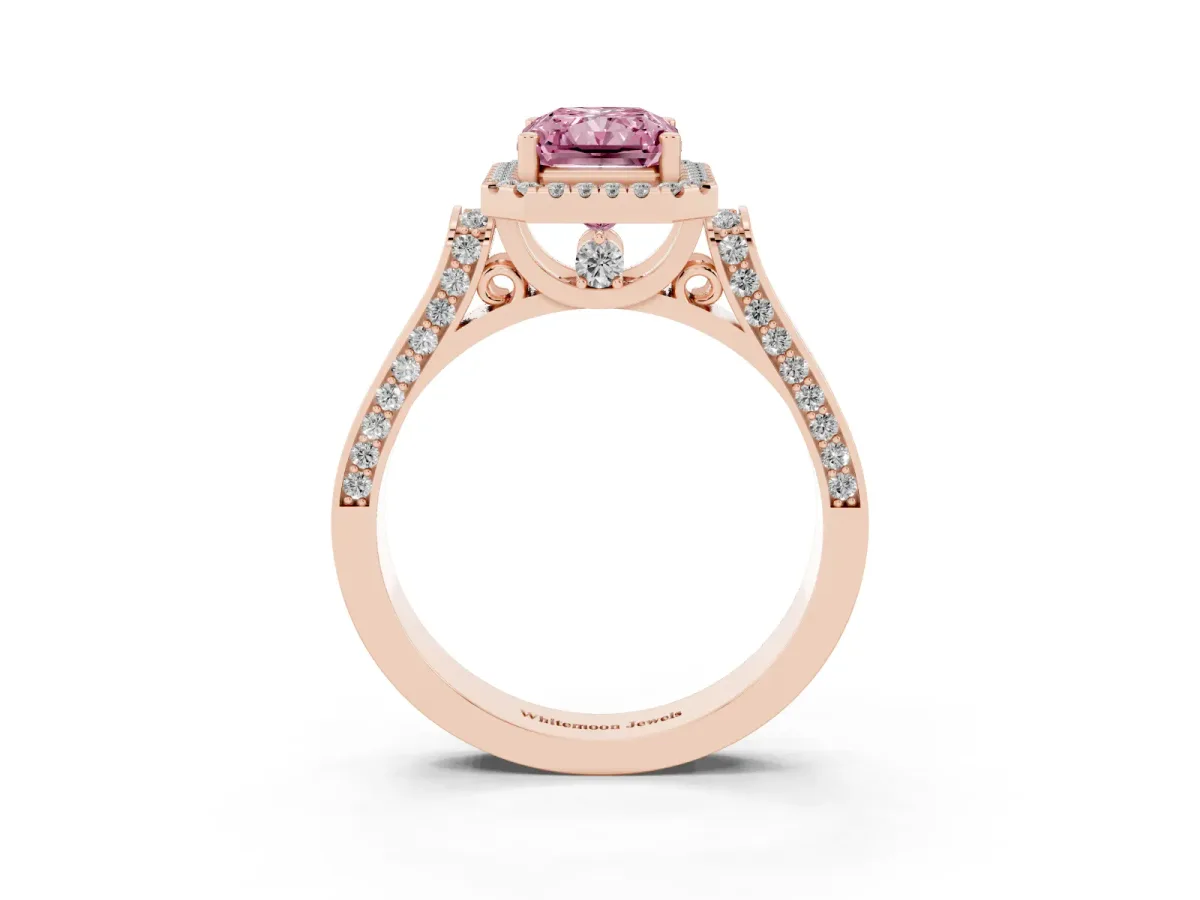 Fancy Pink Radiant Cut Halo Round Diamond Twist Band with Four-Prong Setting Rose gold