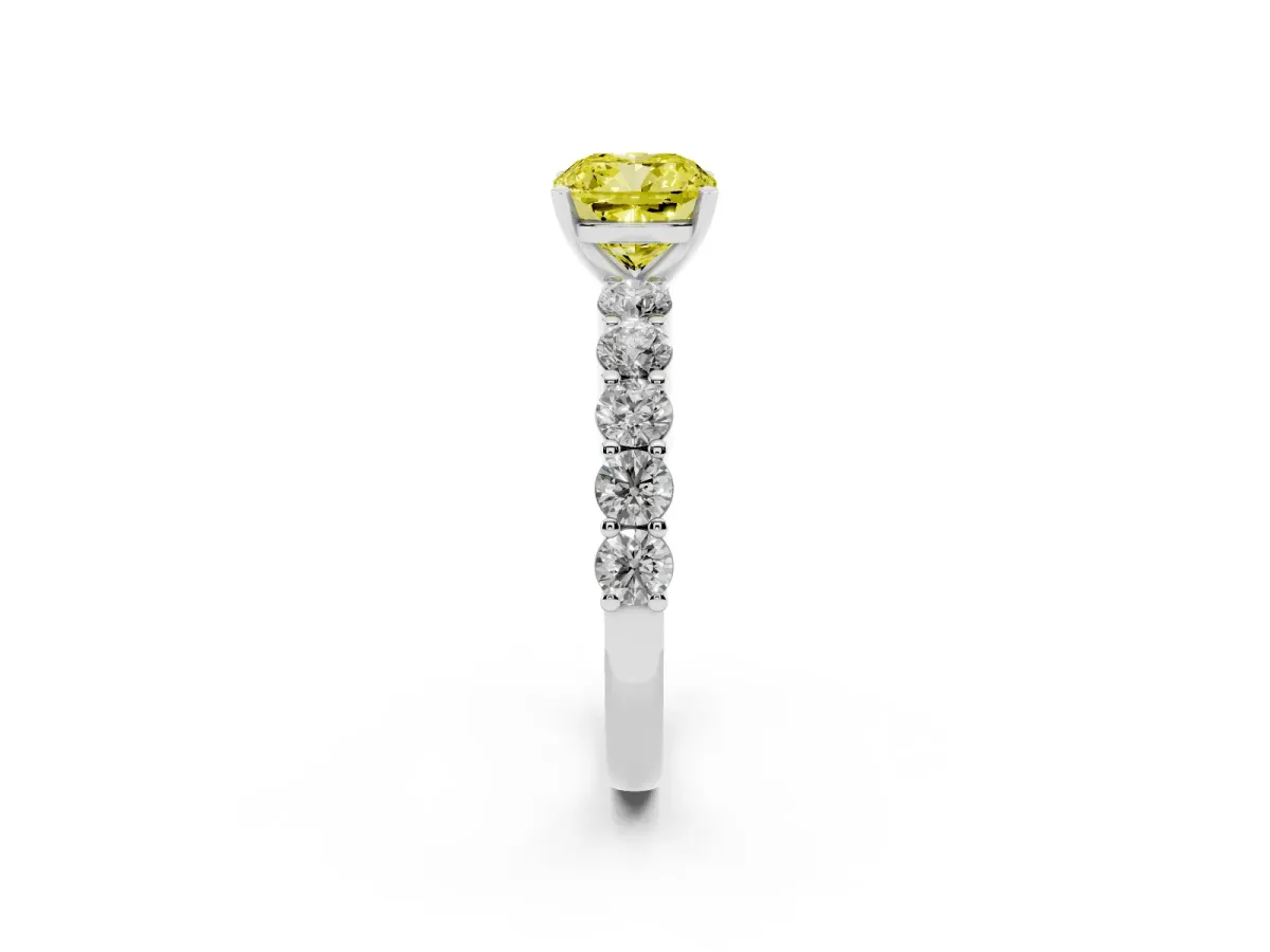 Fancy Yellow Cushion Cut Diamond Solitaire Ring with Shared Prong Round Side Stones Silver