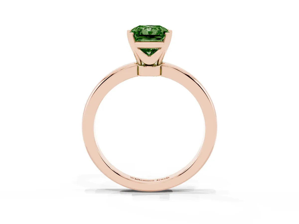 Fancy Green Radiant Cut Solitaire Diamond Ring with Six-Prong Setting on a Classic Band Rose gold