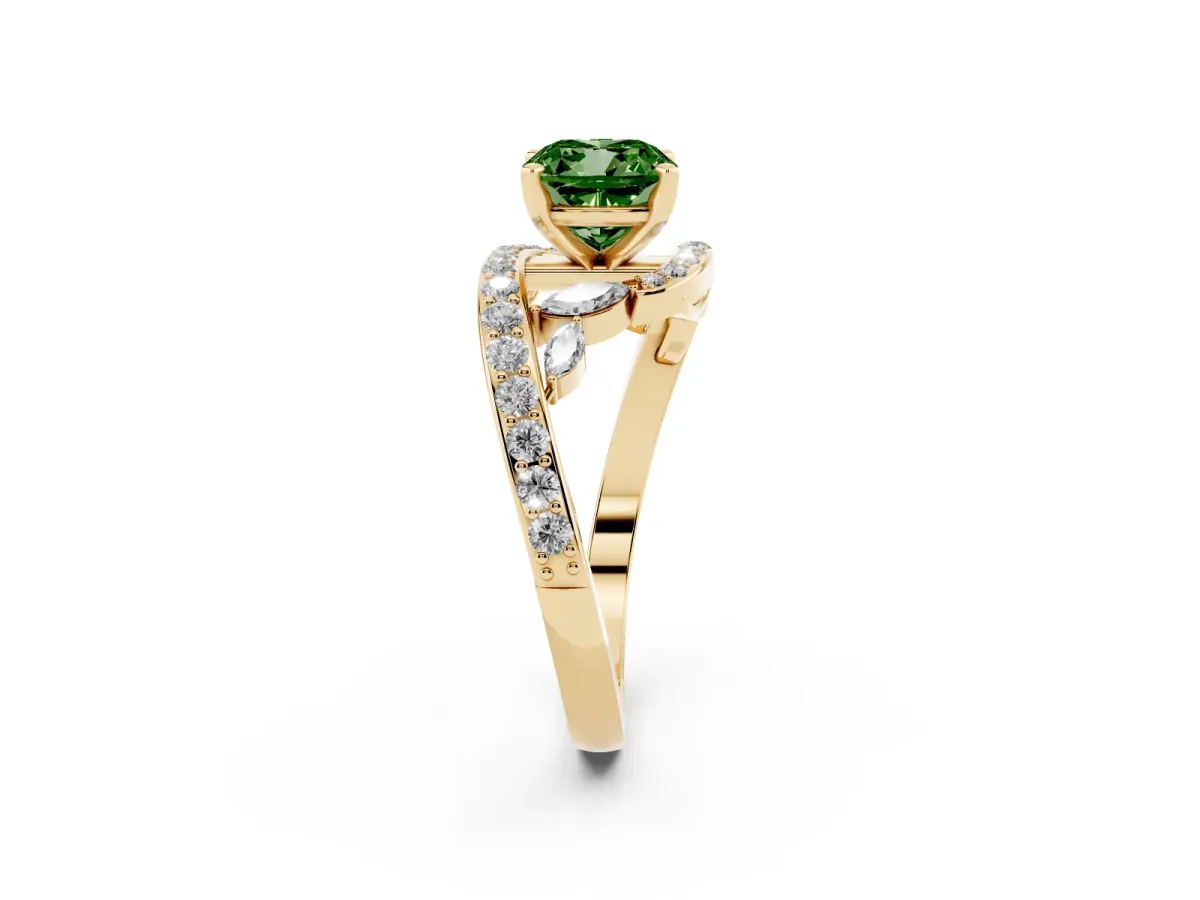 Fancy Green Cushion Cut Solitaire with Pavé Twist Band and Four-Prong Setting Yellow gold