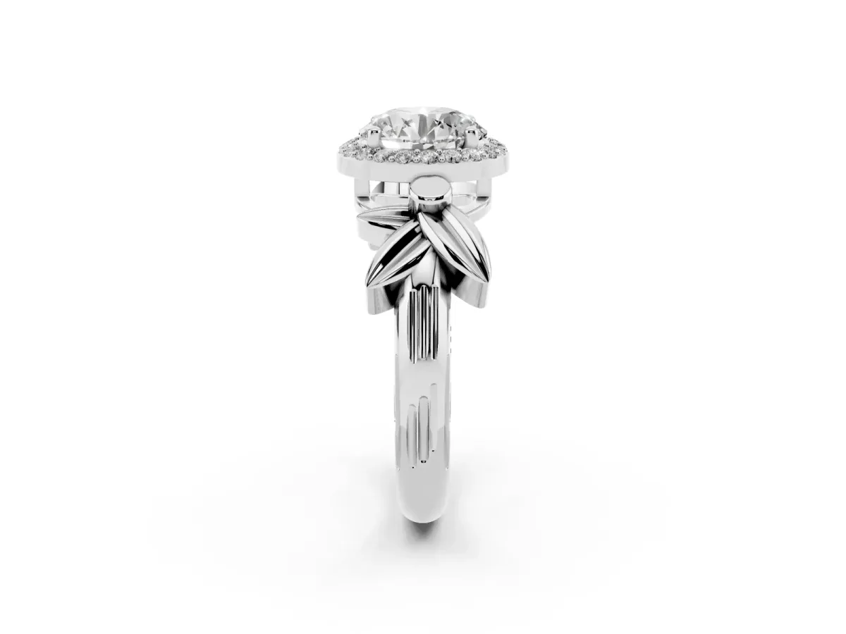 Round Cut Halo Diamond Floral Band with Four-Prong Setting Silver