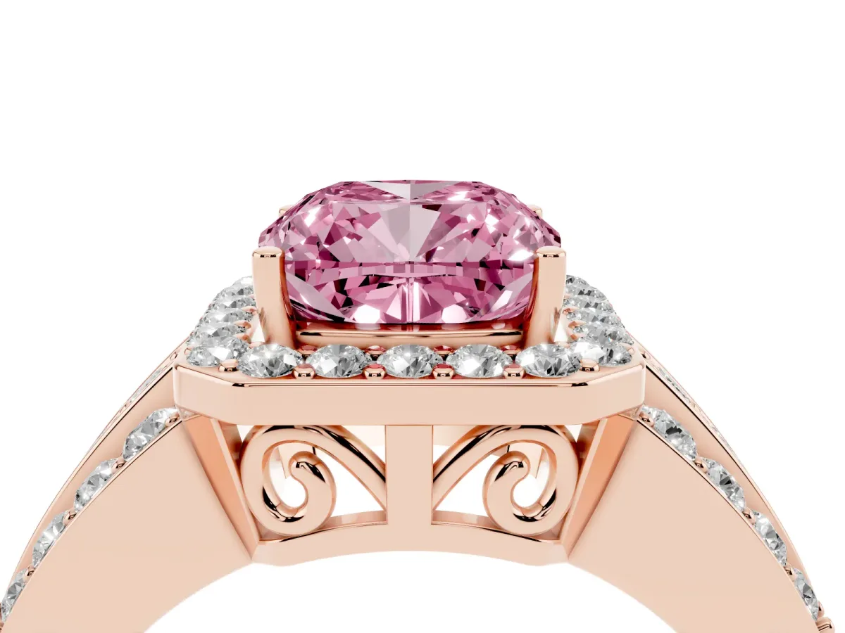Fancy Pink Cushion Cut Halo Diamond Ring with Round Split Shank and Prong Setting Rose gold