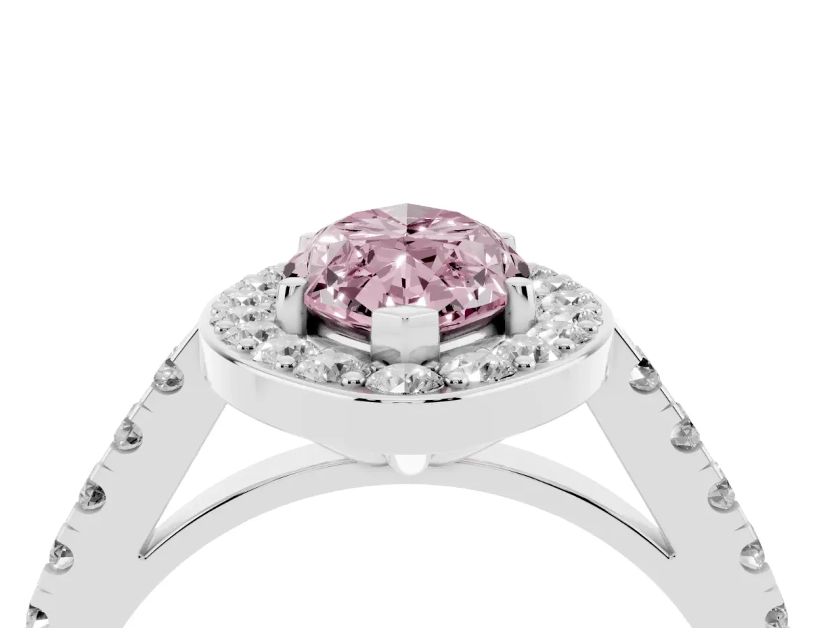 Fancy Pink Marquise Cut Diamond Halo Ring with Round Pavé Split Shank and Prong Setting Silver
