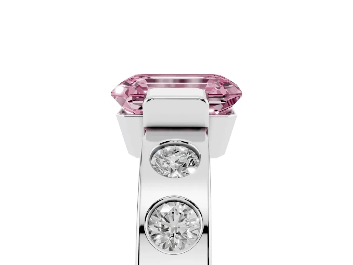 Fancy Pink Emerald Cut Brilliant Channel-Set Diamond Ring with Bezel Prong Setting Platinum