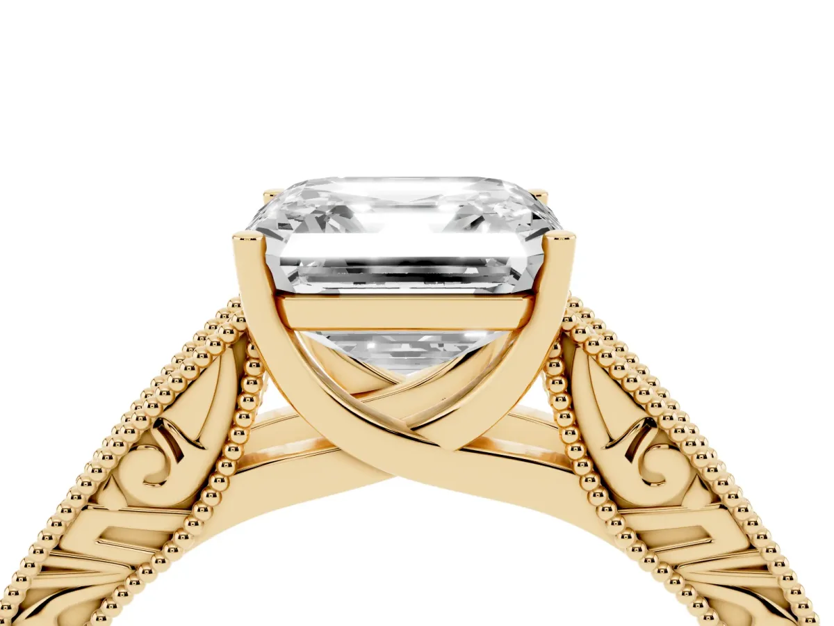 Asscher Cut Diamond Solitaire Ring with Engraved Band and Four-Prong Setting Yellow gold