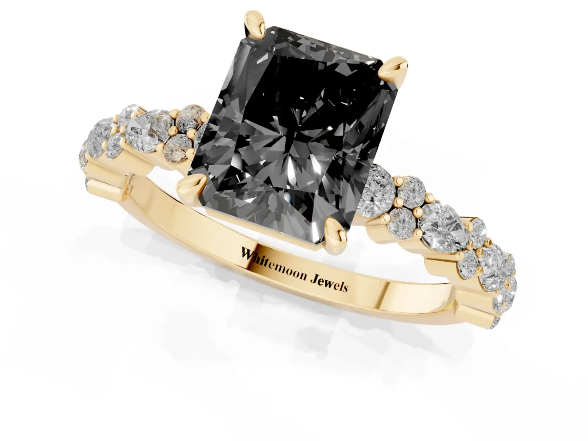 Fancy Black Radiant Cut Diamond Side Stone Solitaire Ring with Round and Four-Prong Setting Yellow gold