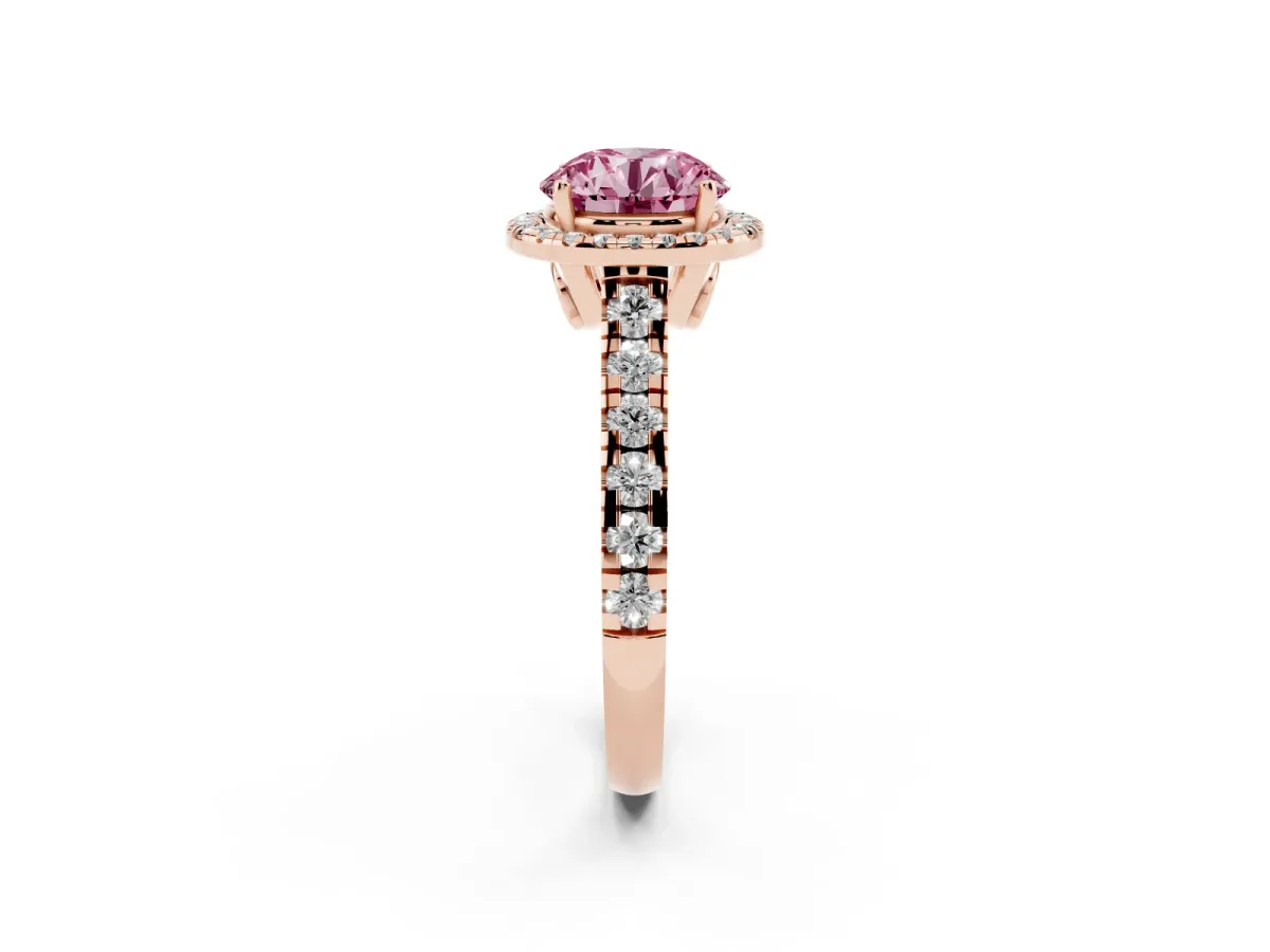 Fancy Pink Round Cut Halo Pavé Diamond Engagement Ring with Four-Prong Setting Rose gold
