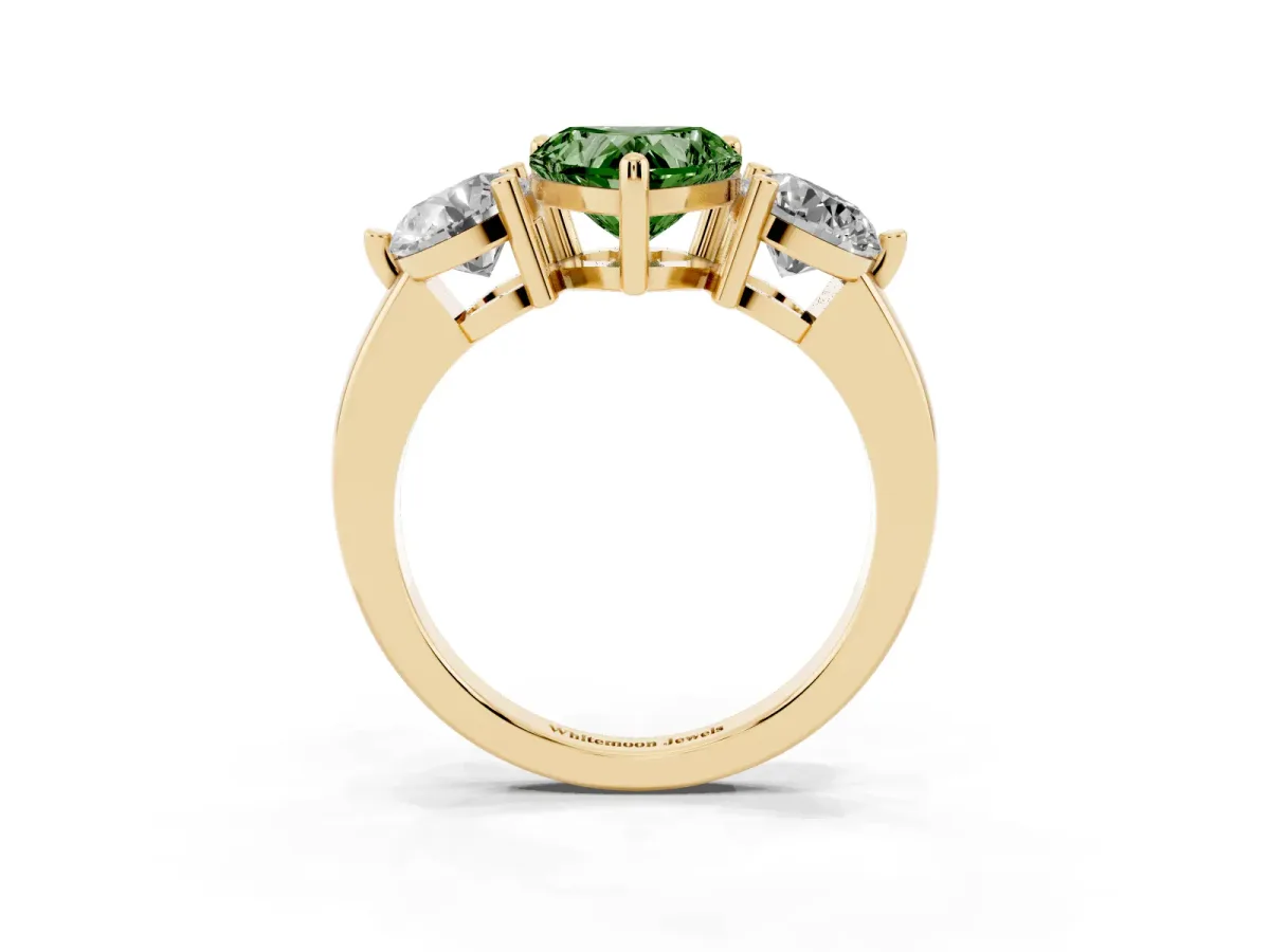 Fancy Green Three-Stone Heart Cut Brilliant Cut Solitaire Ring with Prong Setting on a Classic Band Yellow gold