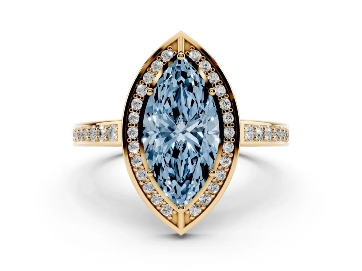 Fancy Blue Marquise Cut Cut Halo Pave Split Shank Prong Setting Ring Yellow gold