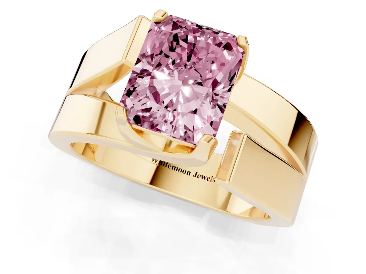 Fancy Pink Modern Tension Set Radiant Cut Diamond Solitaire Wide Band Ring Yellow gold