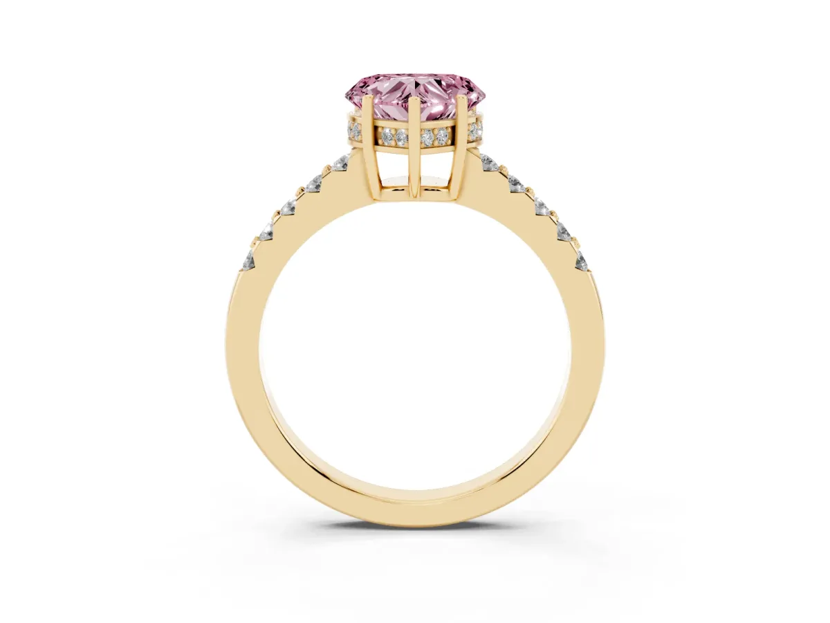 Fancy Pink Heart Cut Solitaire Diamond Engagement Ring with Pavé Band and Six-Prong Setting Yellow gold