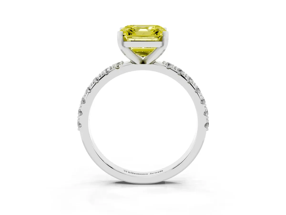 Fancy Yellow Asscher Cut Diamond Solitaire Pavé Band with Four-Prong Setting Silver