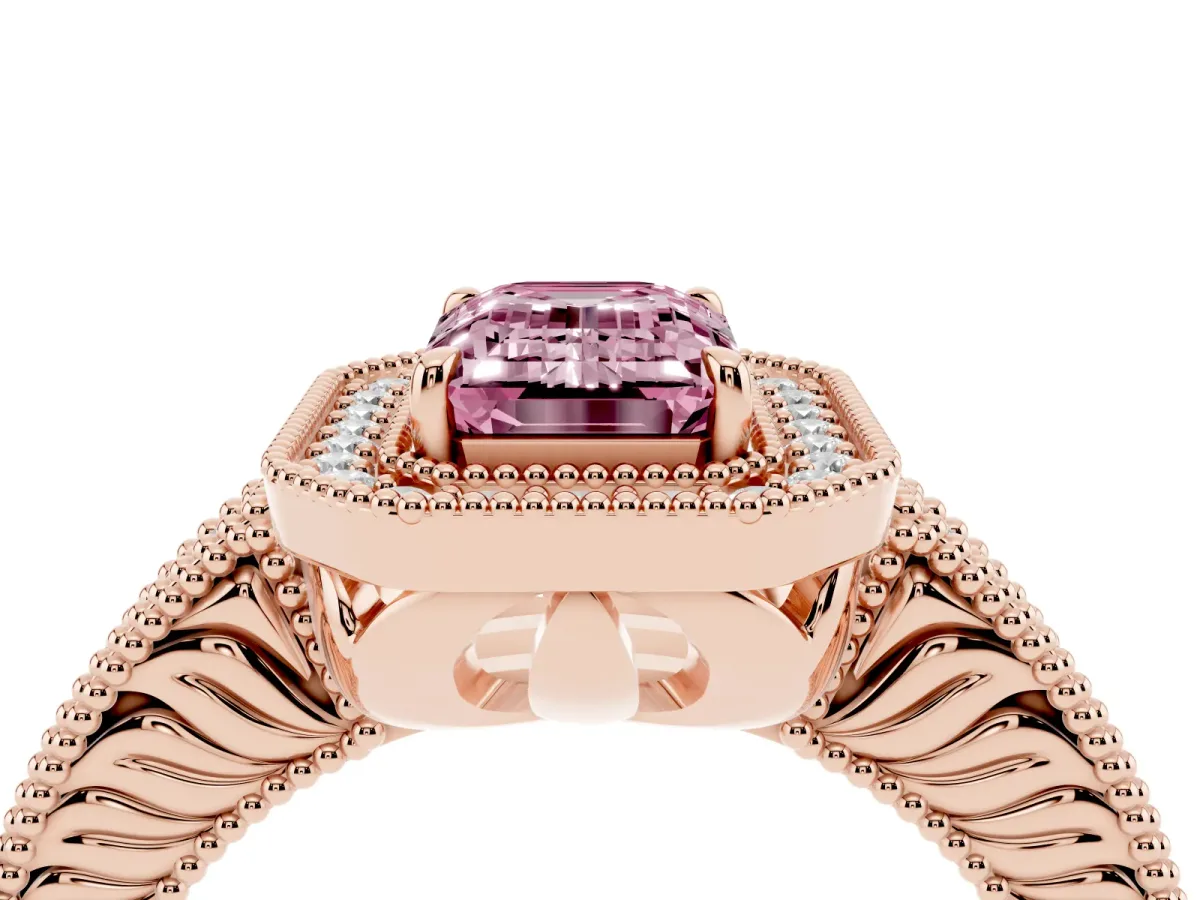 Fancy Pink Emerald Cut Cut Halo Diamond Ring with Pavé Band and Four-Prong Setting Rose gold