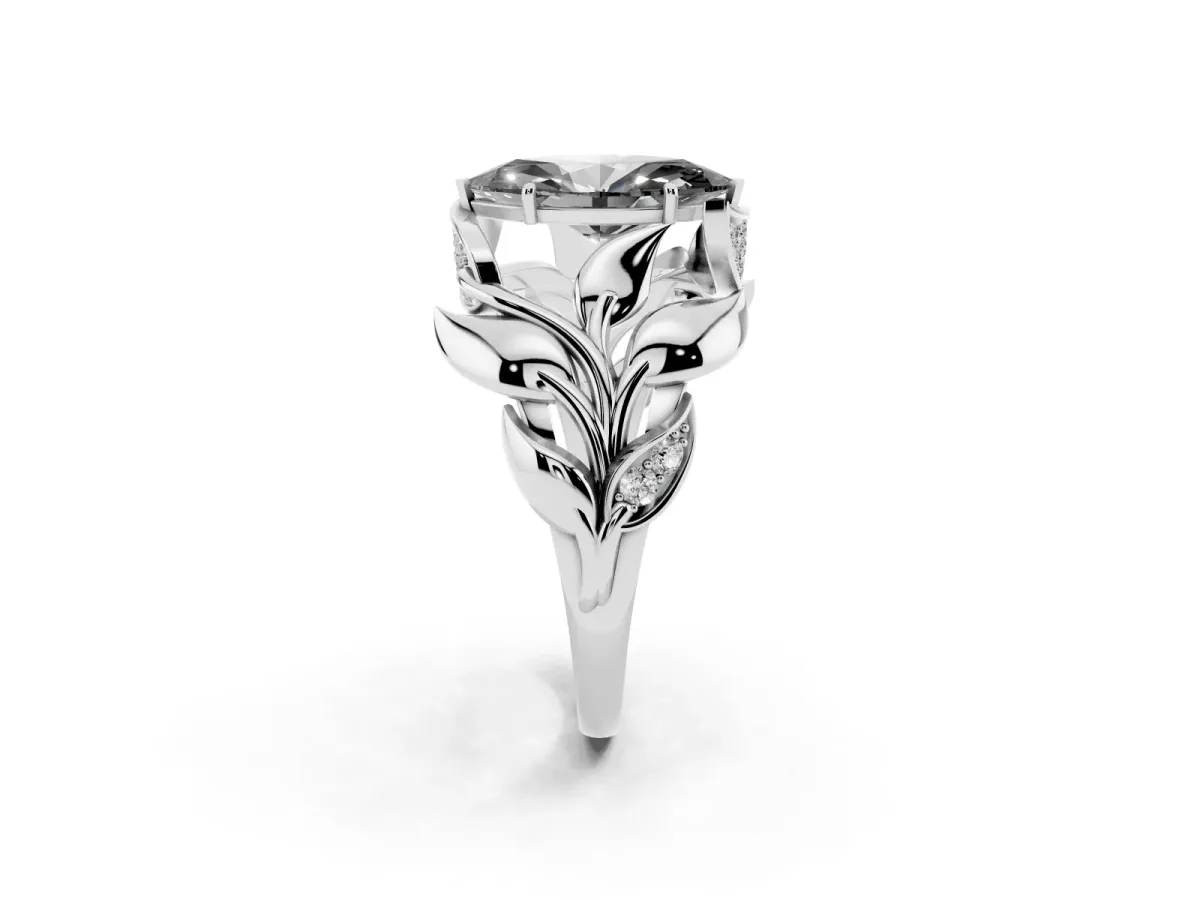 Fancy Black Marquise Cut Diamond Leaf-Inspired Engagement Ring with Round Accents and Prong Setting Silver