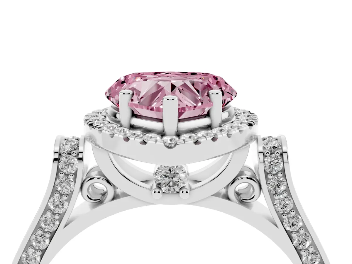 Fancy Pink Heart Cut Halo Round Diamond Twist Band with Four-Prong Setting Platinum