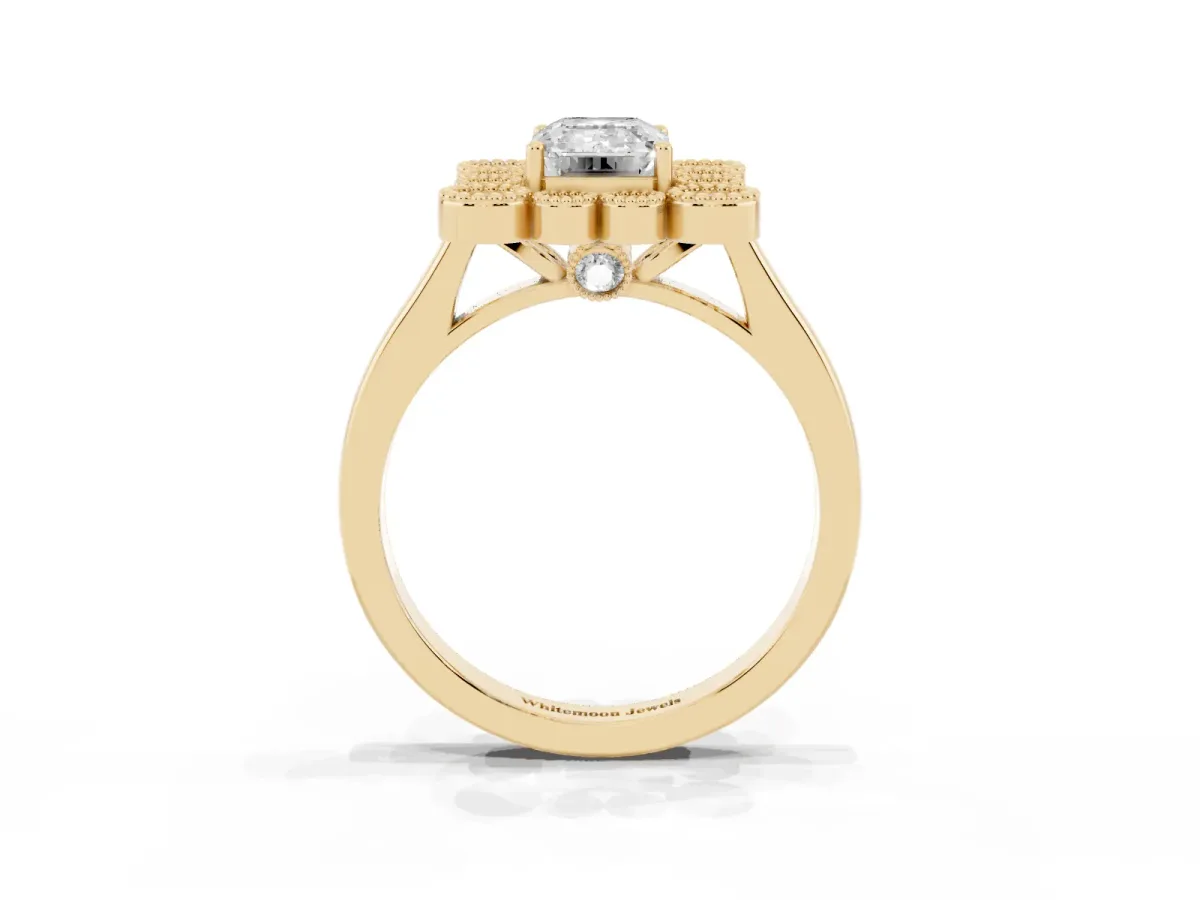 Emerald Cut Halo Diamond Cluster Engagement Ring with Milgrain Bezel Setting and Solitaire Band Yellow gold