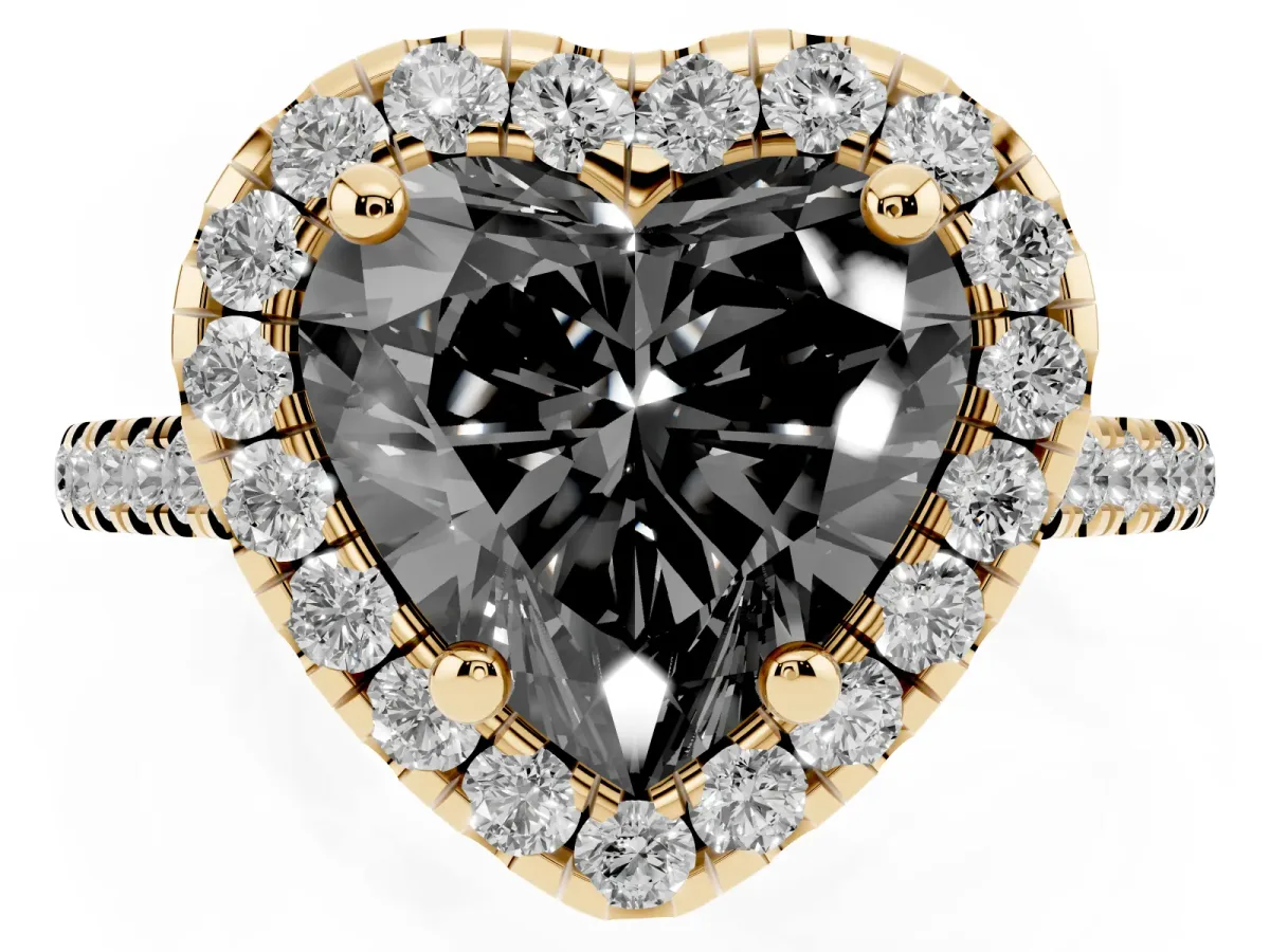 Fancy Black Heart Cut Diamond Cushion Halo Ring with Pavé Band Yellow gold