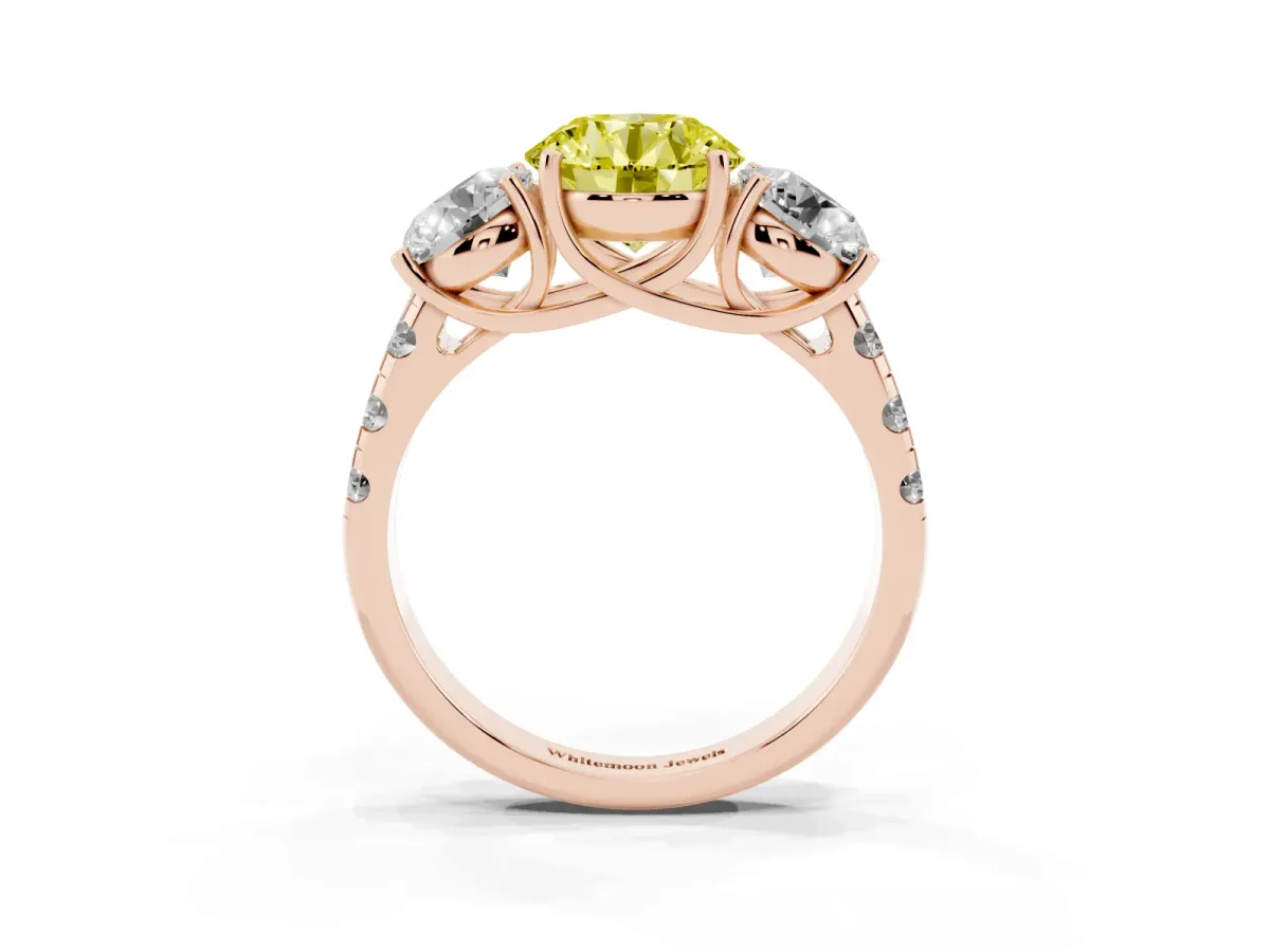 Fancy Yellow Three-Stone Round Cut Diamond Pavé Band with Prong Setting Rose gold