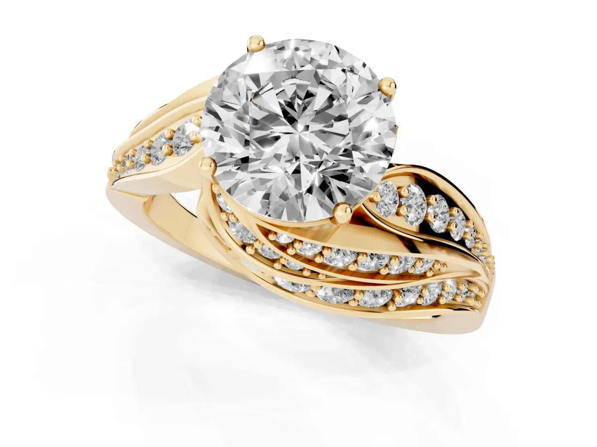Round Cut Diamond Solitaire Ring with Prong Setting and Twisted Pavé Band Yellow gold