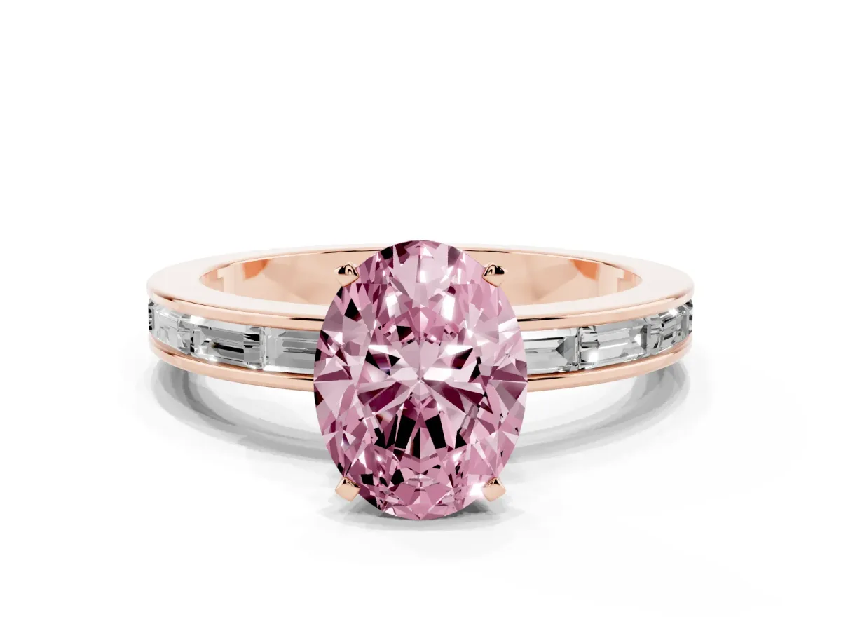 Fancy Pink Oval Cut Solitaire Diamond Ring with Channel-Set Baguette Band and Four-Prong Setting Rose gold
