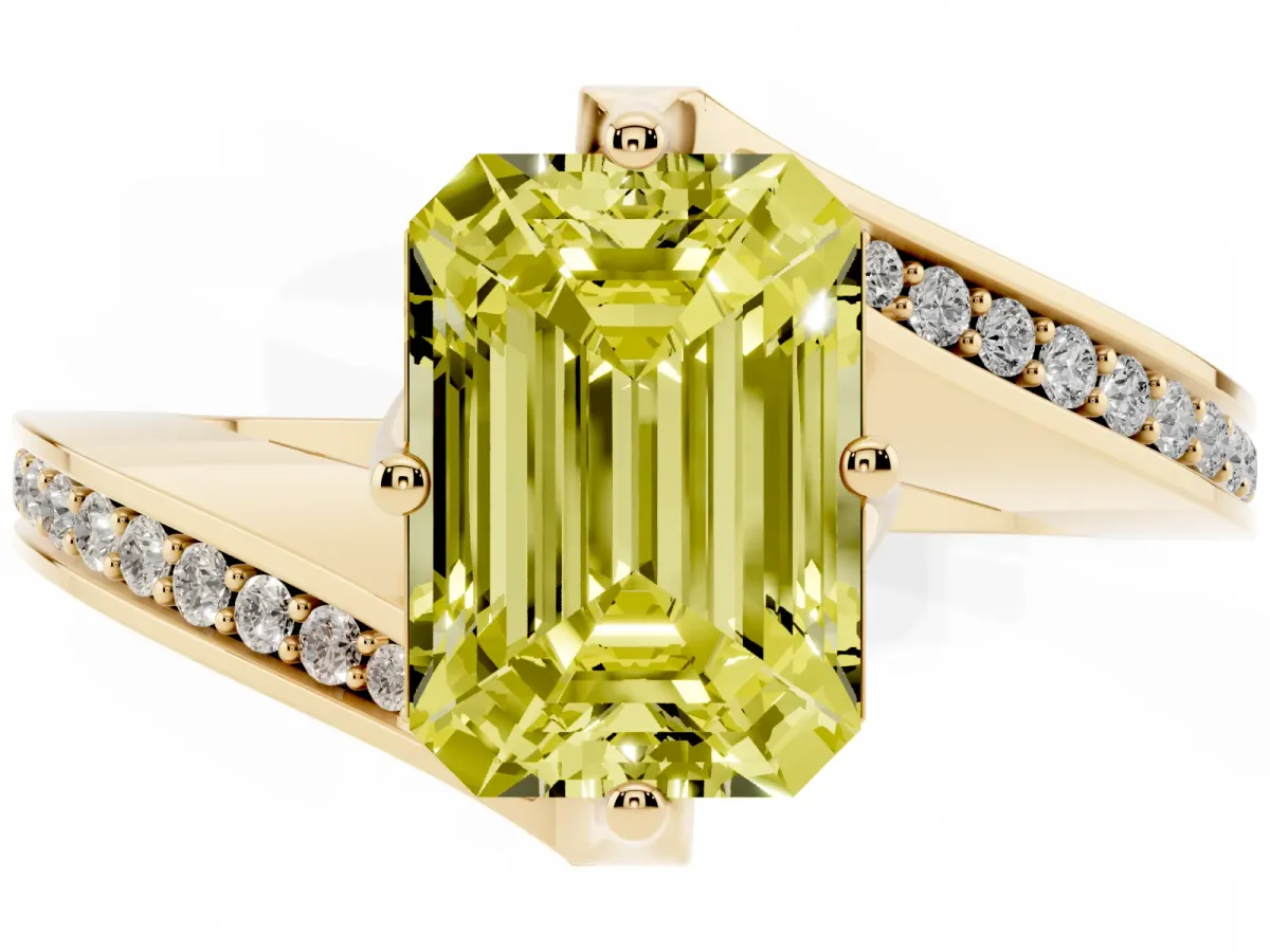 Fancy Yellow Emerald Cut Solitaire Diamond Twist Band with Pavé Setting and Four-Prong Setting Yellow gold