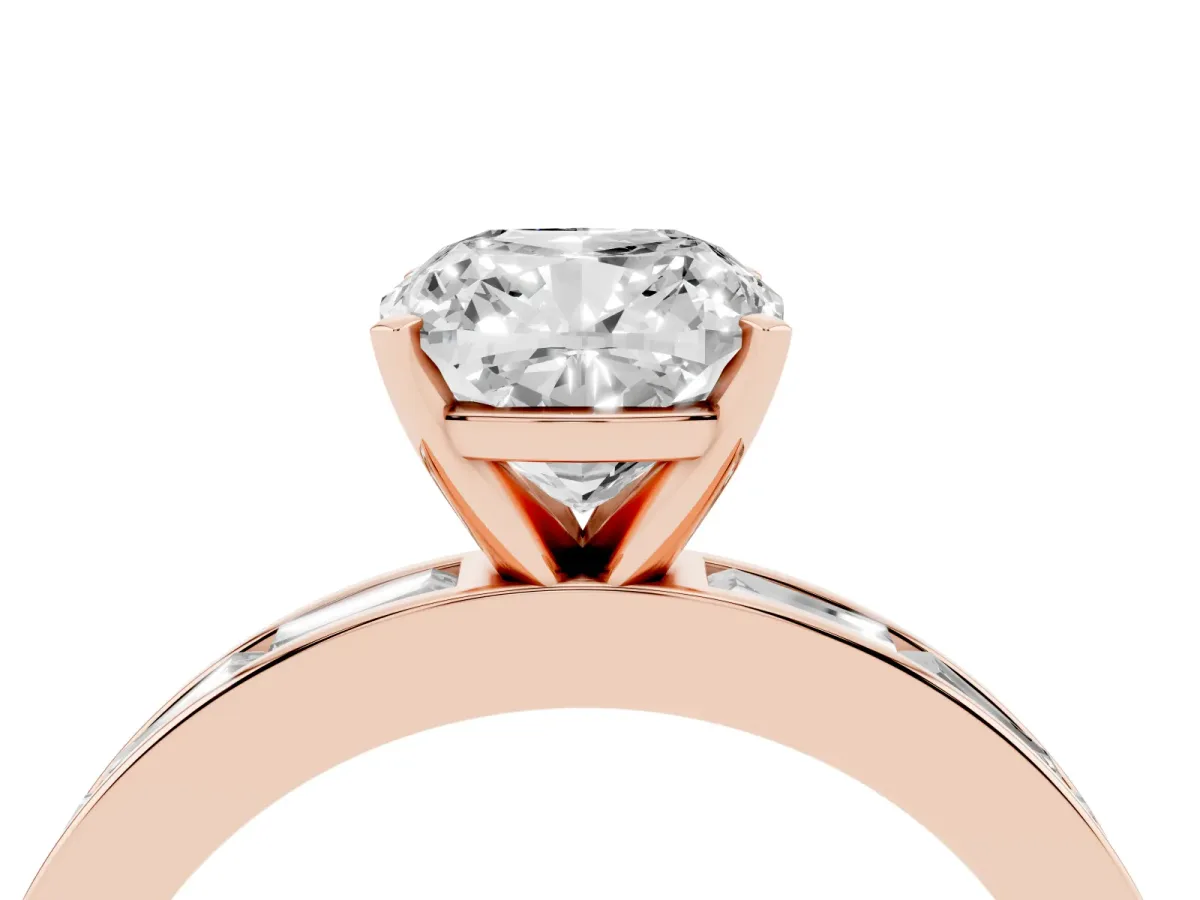 Cushion Cut Solitaire Diamond Ring with Channel-Set Baguette Band and Four-Prong Setting Rose gold