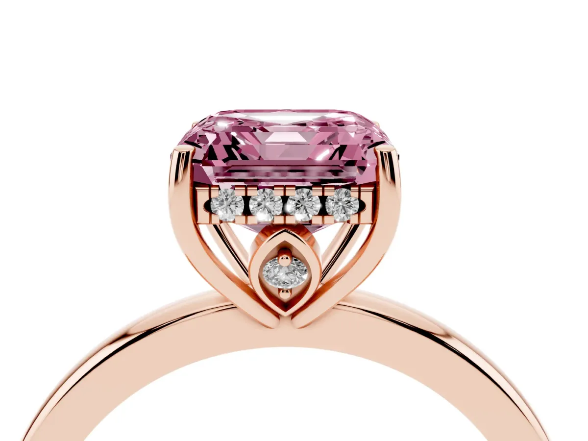 Fancy Pink Asscher Cut Solitaire Diamond Ring with Prong Setting and Plain Band Rose gold