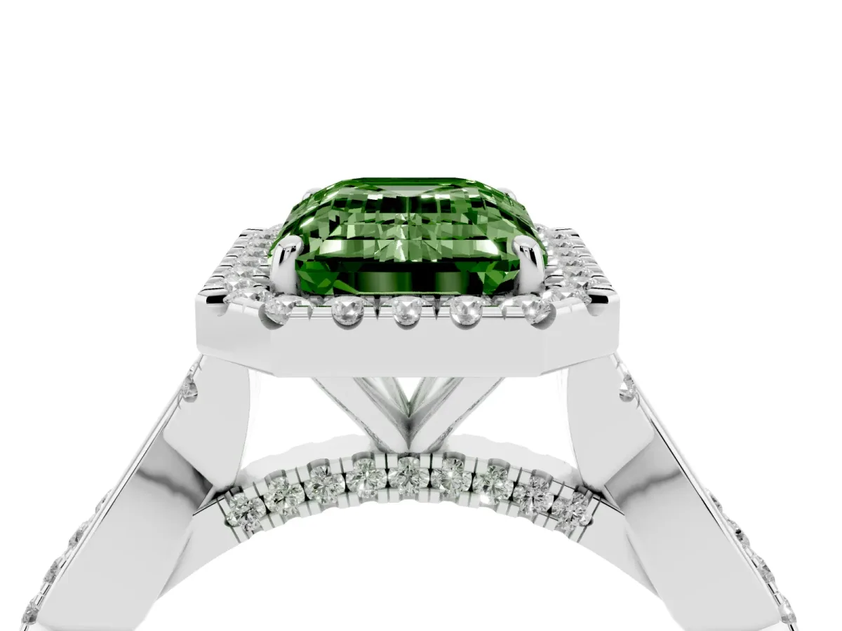 Fancy Green Emerald Cut Halo Twist Band Solitaire Ring Silver