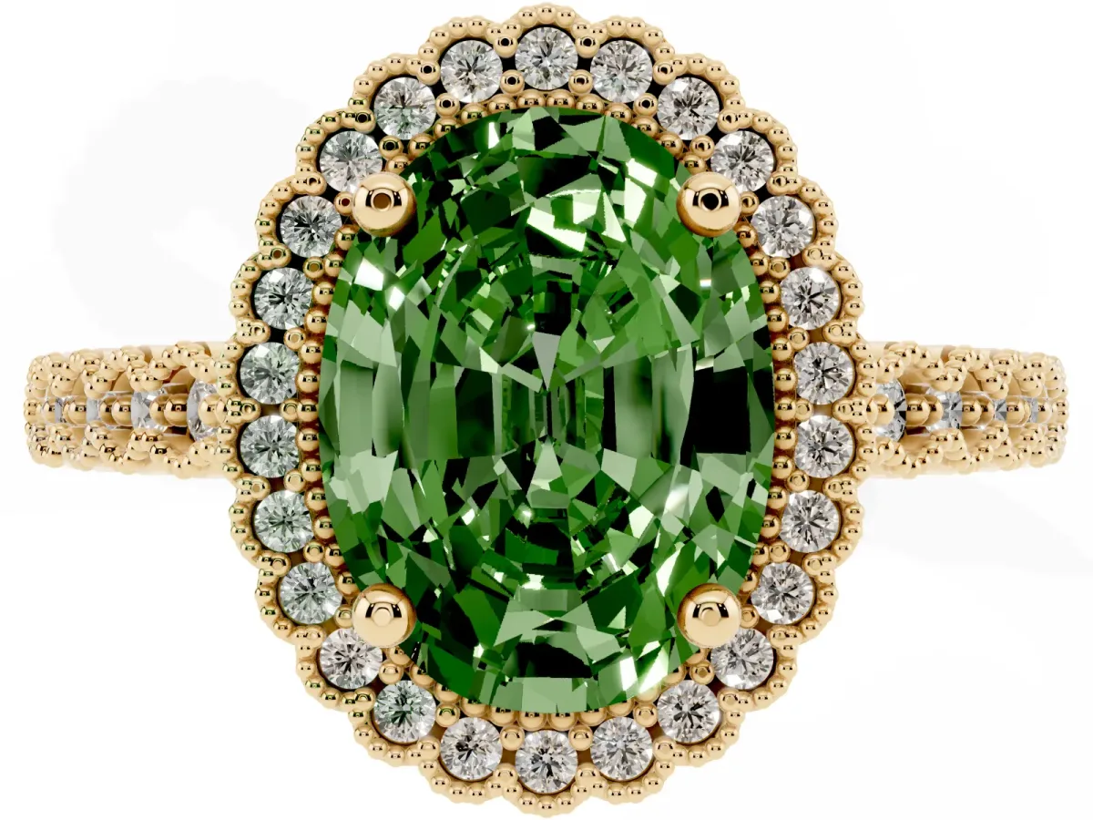 Fancy Green Oval Cut Cut Halo Pavé Solitaire Ring with Milgrain Band Yellow gold